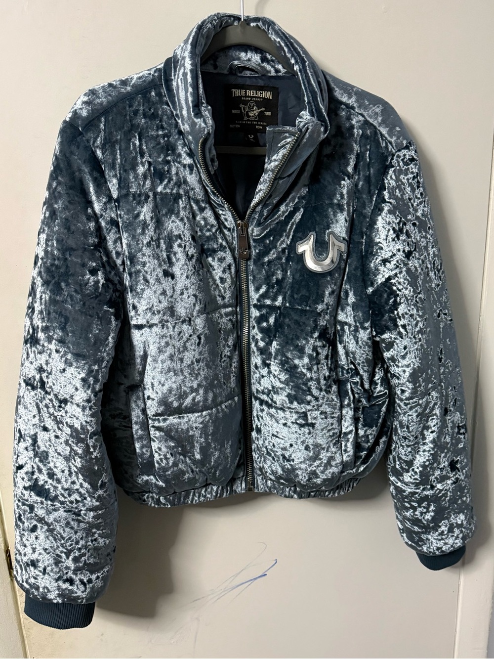 True Religion Crushed Velvet Puffer Jacket - Silver